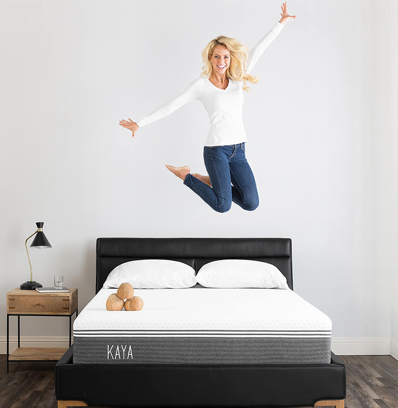 Photo editing and retouching. Mattress with jumpimg model girl by Victor B.